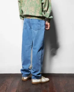 Straight Leg Denim Jeans, Distressed Indigo